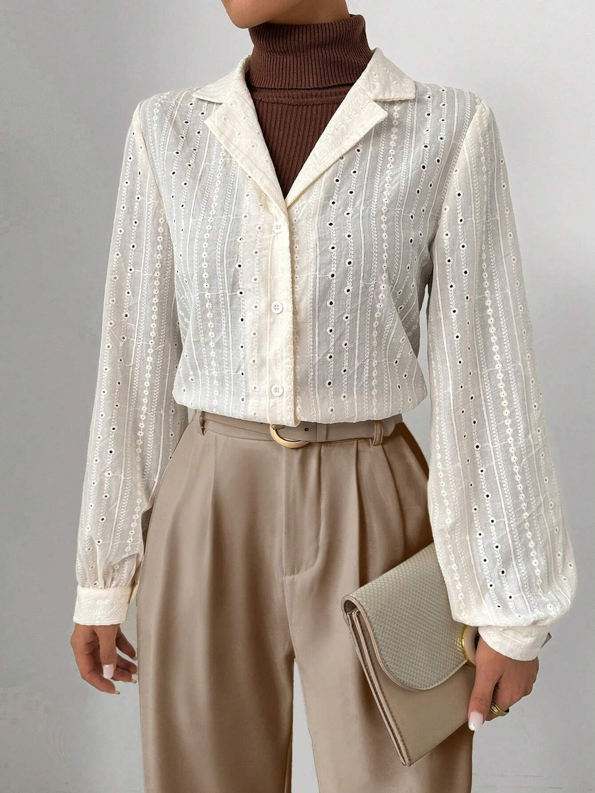 Clasi Women's Plain Color Lapel Neck Embroidered Long Sleeve Casual Shirt, Spring & Summer