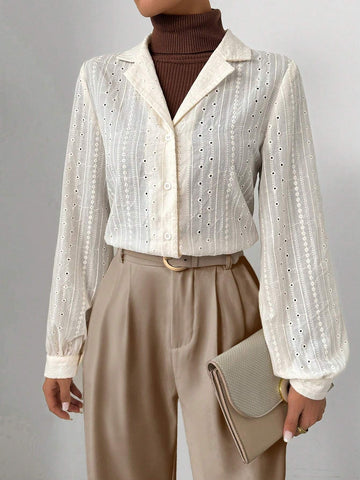 Clasi Women's Plain Color Lapel Neck Embroidered Long Sleeve Casual Shirt, Spring & Summer