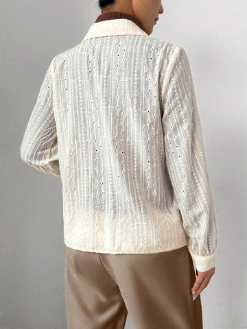 Clasi Women's Plain Color Lapel Neck Embroidered Long Sleeve Casual Shirt, Spring & Summer