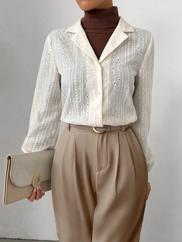 Clasi Women's Plain Color Lapel Neck Embroidered Long Sleeve Casual Shirt, Spring & Summer