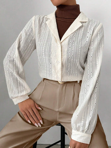 Clasi Women's Plain Color Lapel Neck Embroidered Long Sleeve Casual Shirt, Spring & Summer