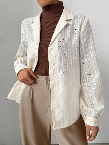 Clasi Women's Plain Color Lapel Neck Embroidered Long Sleeve Casual Shirt, Spring & Summer