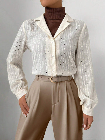 Clasi Women's Plain Color Lapel Neck Embroidered Long Sleeve Casual Shirt, Spring & Summer