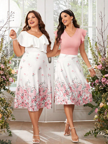 Women's Plain Flying Sleeve Top & Flower Printed A-Line Skirt Summer Co Ord Set Pink Summer Dress