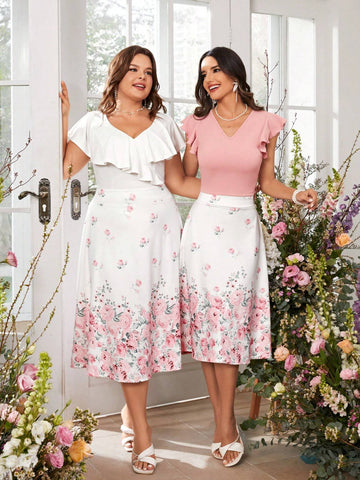Women's Plain Flying Sleeve Top & Flower Printed A-Line Skirt Summer Co Ord Set Pink Summer Dress