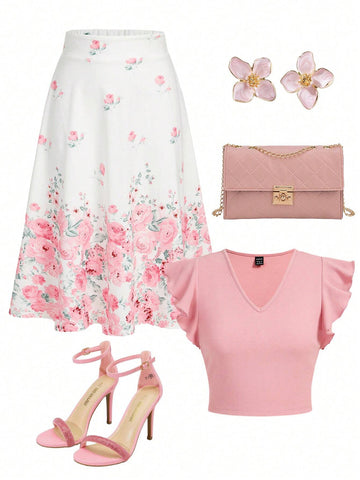 Women's Plain Flying Sleeve Top & Flower Printed A-Line Skirt Summer Co Ord Set Pink Summer Dress