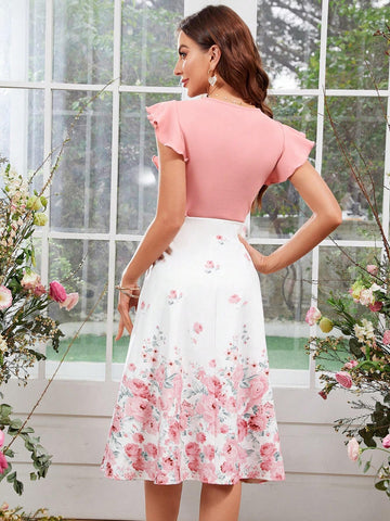 Women's Plain Flying Sleeve Top & Flower Printed A-Line Skirt Summer Co Ord Set Pink Summer Dress