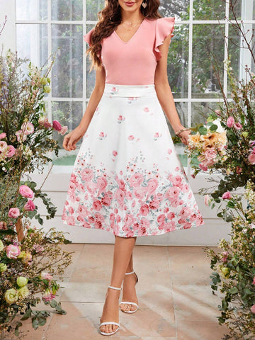 Women's Plain Flying Sleeve Top & Flower Printed A-Line Skirt Summer Co Ord Set Pink Summer Dress