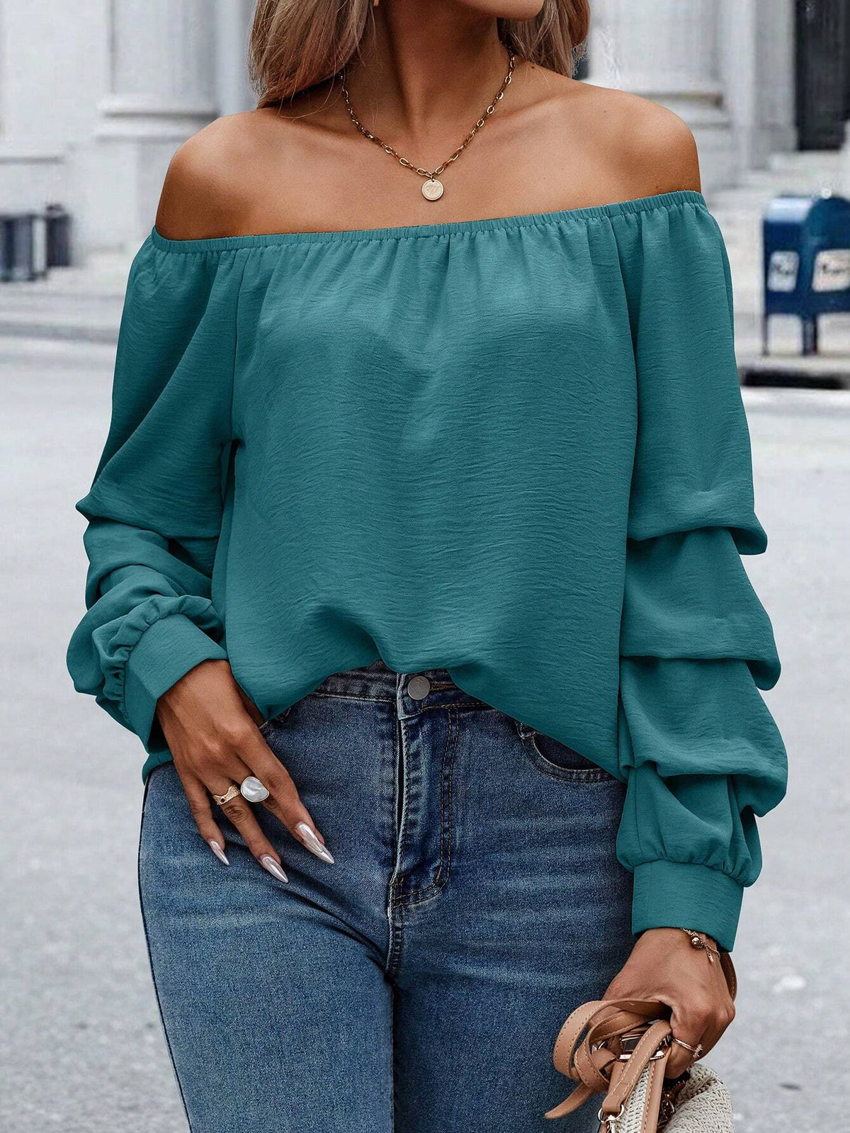 Clasi Women's Plain Off Shoulder Long Sleeve Minimalist Top, Casual Everyday Wear