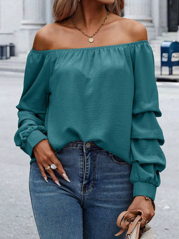 Clasi Women's Plain Off Shoulder Long Sleeve Minimalist Top, Casual Everyday Wear