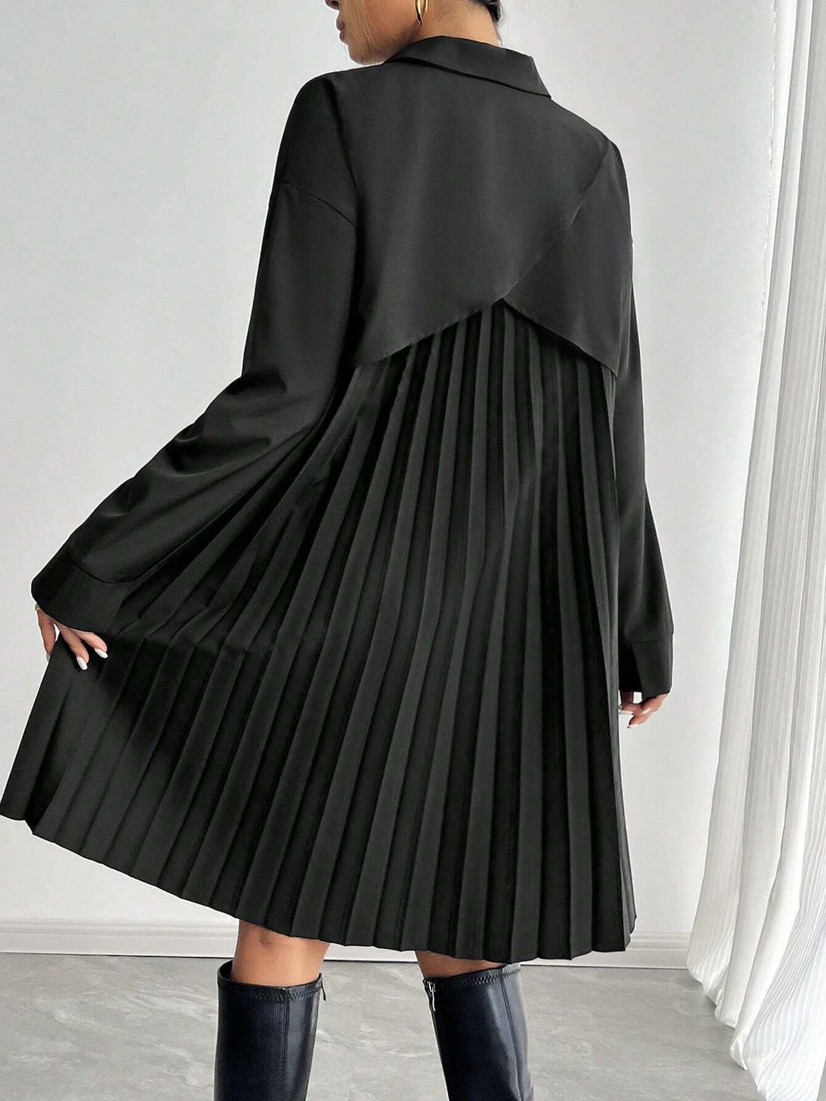 Women's Pleated Patchwork Long Sleeve Shirt Dress, Autumn/Winter