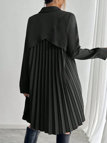 Women's Pleated Patchwork Long Sleeve Shirt Dress, Autumn/Winter