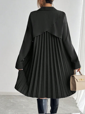 Women's Pleated Patchwork Long Sleeve Shirt Dress, Autumn/Winter