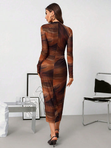 Women's Pleated Tie-Dye Print Mesh Knit Stand Collar Long Sleeve Fitted Dress