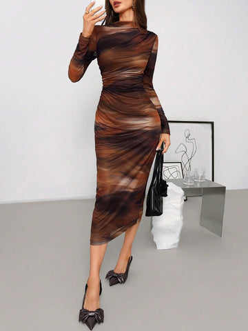 Women's Pleated Tie-Dye Print Mesh Knit Stand Collar Long Sleeve Fitted Dress