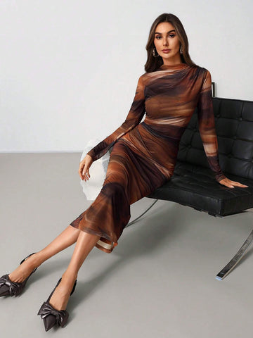 Women's Pleated Tie-Dye Print Mesh Knit Stand Collar Long Sleeve Fitted Dress