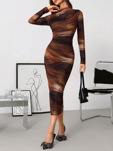 Women's Pleated Tie-Dye Print Mesh Knit Stand Collar Long Sleeve Fitted Dress
