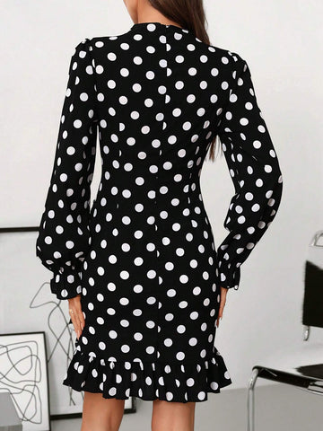 Women's Polka Dot Print Long Sleeve Fishtail Dress, Black & White