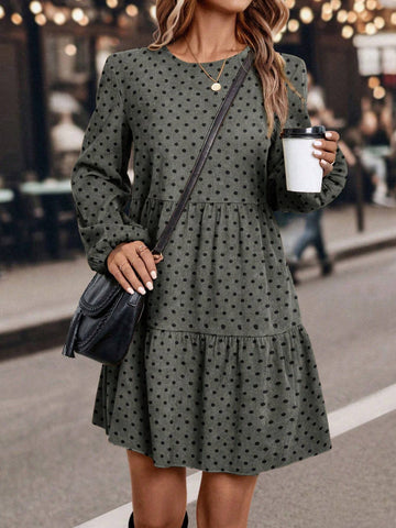 Women's Polka Dot Print Round Neck Ruffle Hem Casual Long Sleeve Dress