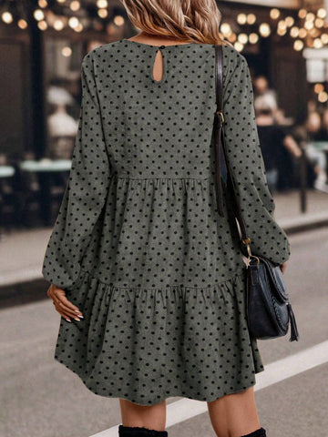 Women's Polka Dot Print Round Neck Ruffle Hem Casual Long Sleeve Dress