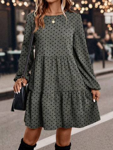 Women's Polka Dot Print Round Neck Ruffle Hem Casual Long Sleeve Dress