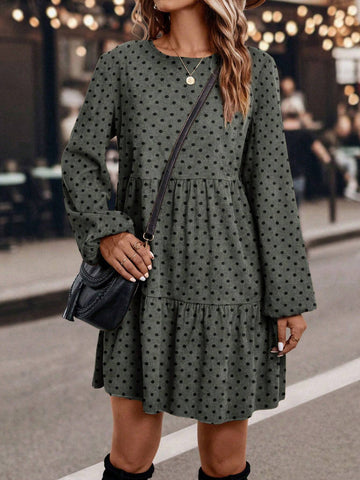 Women's Polka Dot Print Round Neck Ruffle Hem Casual Long Sleeve Dress