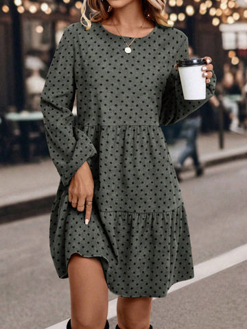Women's Polka Dot Print Round Neck Ruffle Hem Casual Long Sleeve Dress