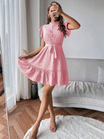 Women's Polka Dot Print Tie Waist Short Sleeve Dress