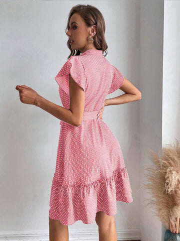 Women's Polka Dot Print Tie Waist Short Sleeve Dress