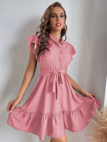 Women's Polka Dot Print Tie Waist Short Sleeve Dress