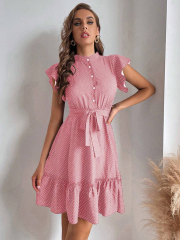 Women's Polka Dot Print Tie Waist Short Sleeve Dress