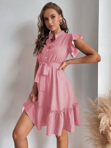 Women's Polka Dot Print Tie Waist Short Sleeve Dress