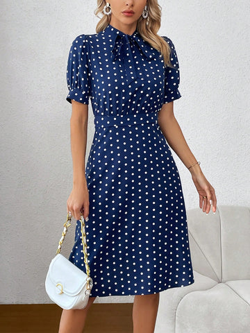 Women's Polka Dot Puff Sleeve Dress With Knotted Collar