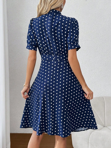 Women's Polka Dot Puff Sleeve Dress With Knotted Collar