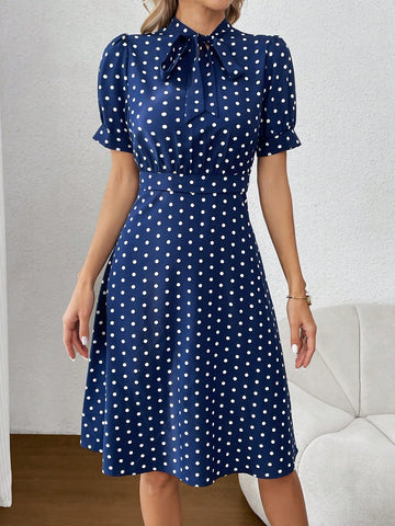 Women's Polka Dot Puff Sleeve Dress With Knotted Collar