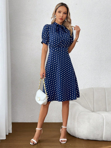Women's Polka Dot Puff Sleeve Dress With Knotted Collar