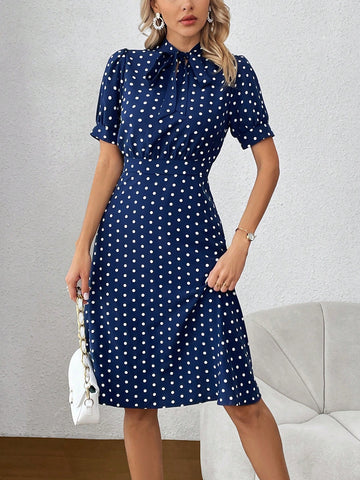 Women's Polka Dot Puff Sleeve Dress With Knotted Collar
