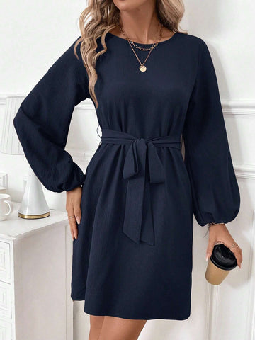 Women's Puff-Sleeve Crew Neck Cinched Waist Bow Knit Mini Dress, Elegant And Fashionable, Suitable For Spring, Autumn, Winter, Versatile All-Match Outfit For Work, Commute And Casual Wear
