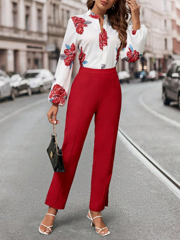 Women's Red Two Piece Set With Floral Decorations