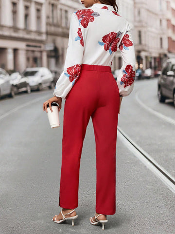 Women's Red Two Piece Set With Floral Decorations