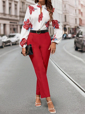 Women's Red Two Piece Set With Floral Decorations