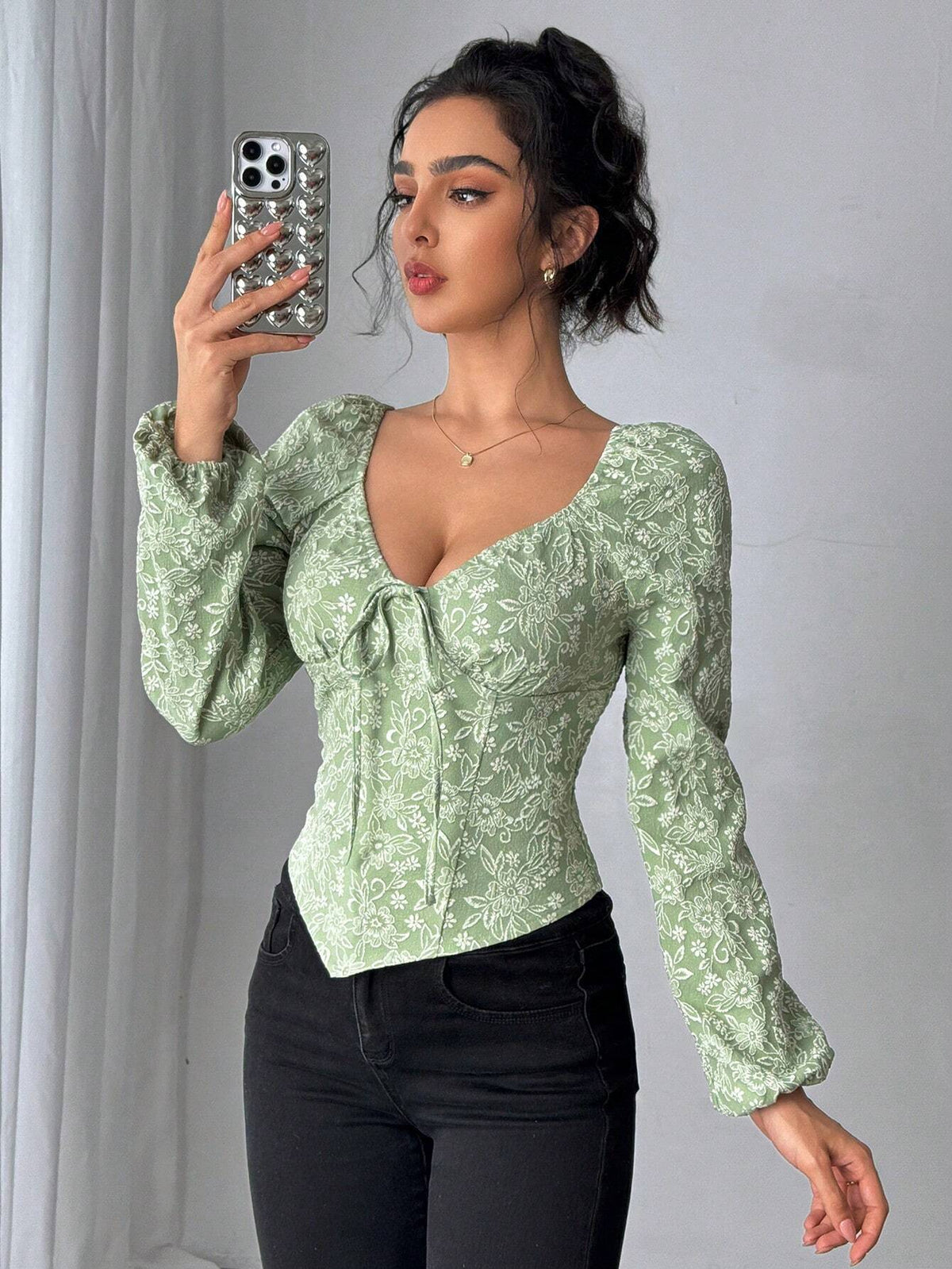 Clasi Women's Retro Floral Bow-Tie V-Neck Blouse