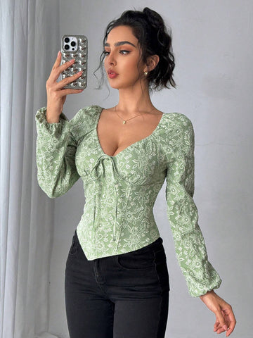 Clasi Women's Retro Floral Bow-Tie V-Neck Blouse