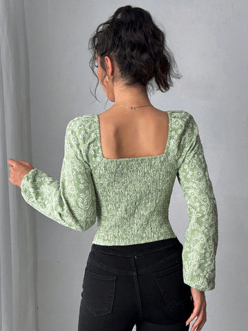 Clasi Women's Retro Floral Bow-Tie V-Neck Blouse