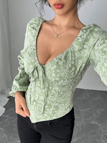 Clasi Women's Retro Floral Bow-Tie V-Neck Blouse