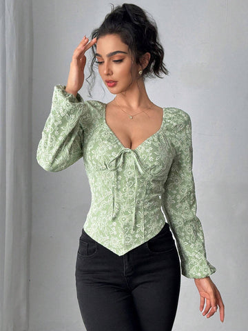 Clasi Women's Retro Floral Bow-Tie V-Neck Blouse