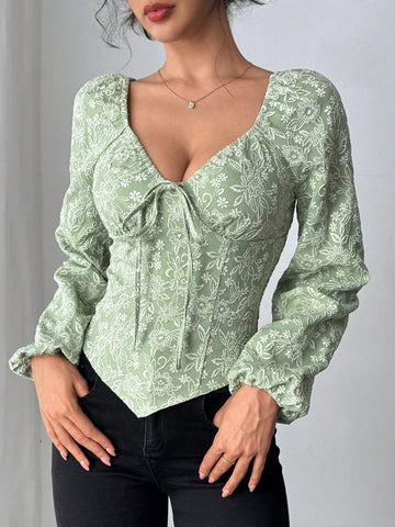 Clasi Women's Retro Floral Bow-Tie V-Neck Blouse