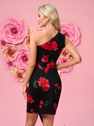 Women's Romantic Floral Print Asymmetrical ASymmetric Neck Tie Waist Mini Dress, Fitted Silhouette
