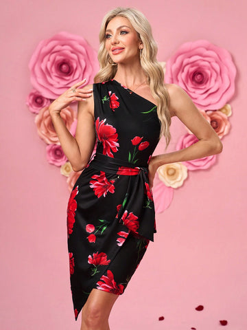 Women's Romantic Floral Print Asymmetrical ASymmetric Neck Tie Waist Mini Dress, Fitted Silhouette
