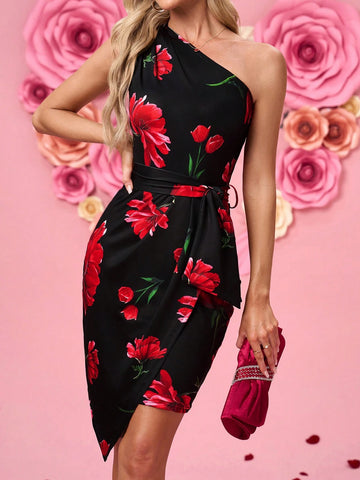 Women's Romantic Floral Print Asymmetrical ASymmetric Neck Tie Waist Mini Dress, Fitted Silhouette